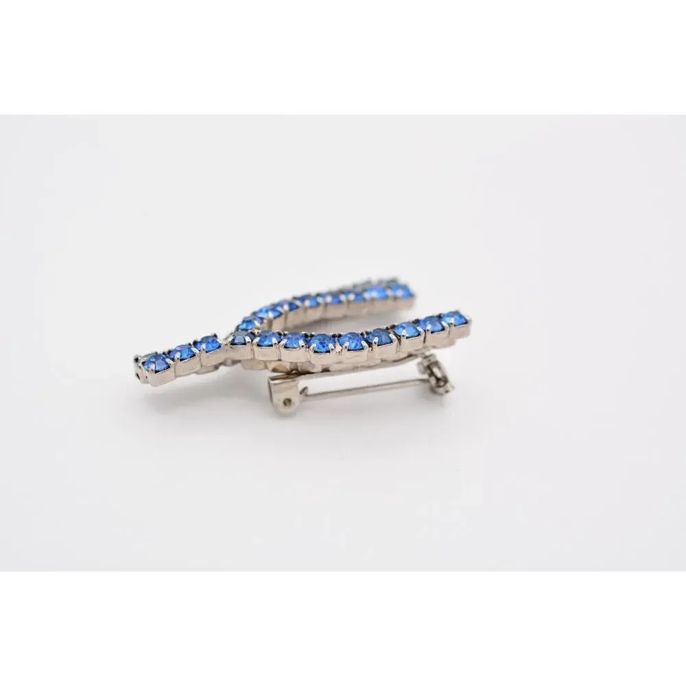 Vintage Wishbone Pin Brooch Blue Rhinestone Crystal Silver Tone Prong 80s BinAT